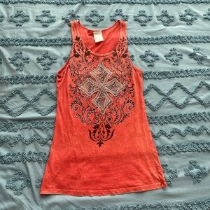 Embellished Coral Tank Top with Decorative Medallion